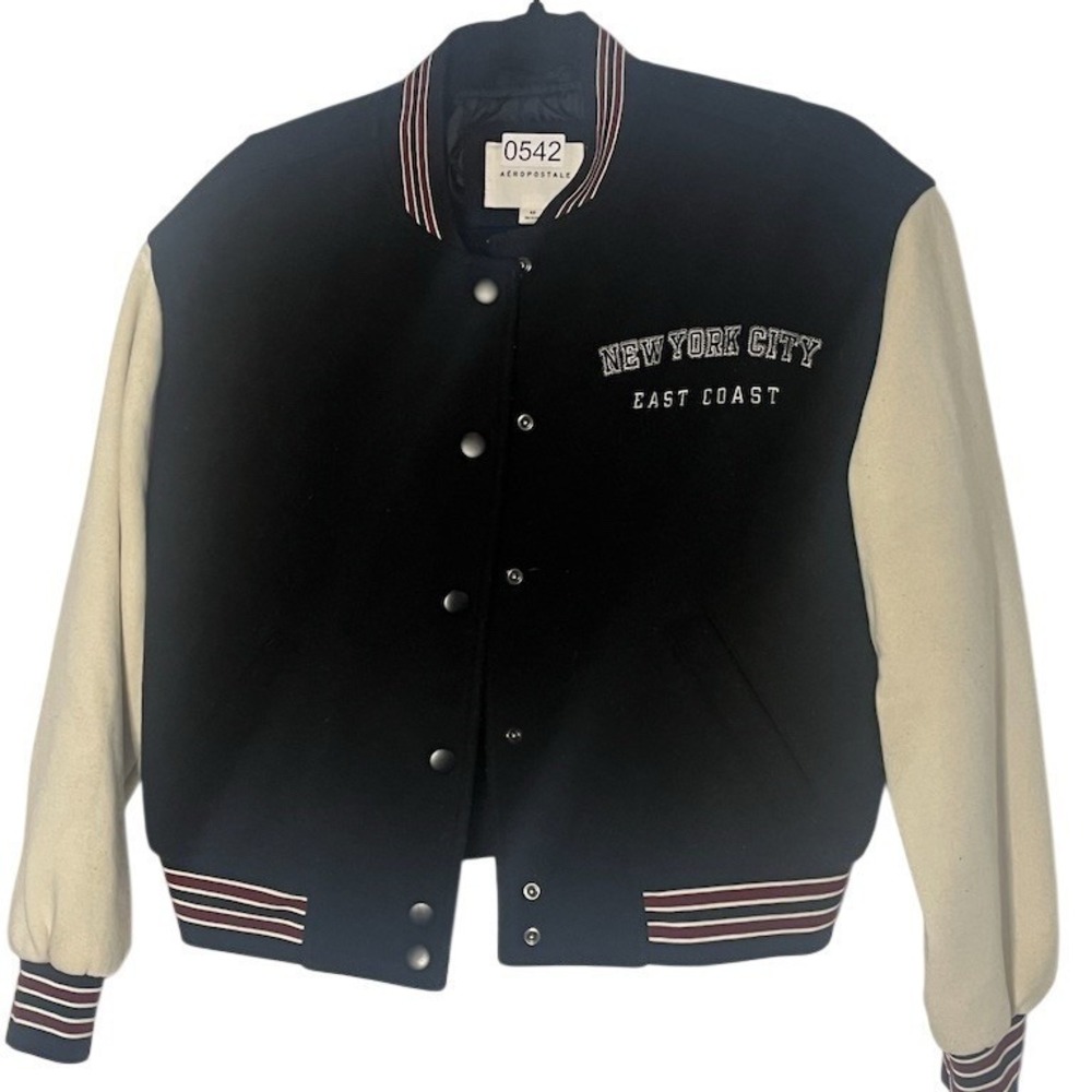 Aéropostale Varsity‎ Bomber Jacket Unisex Size XS Black Cream Snap Front NYC